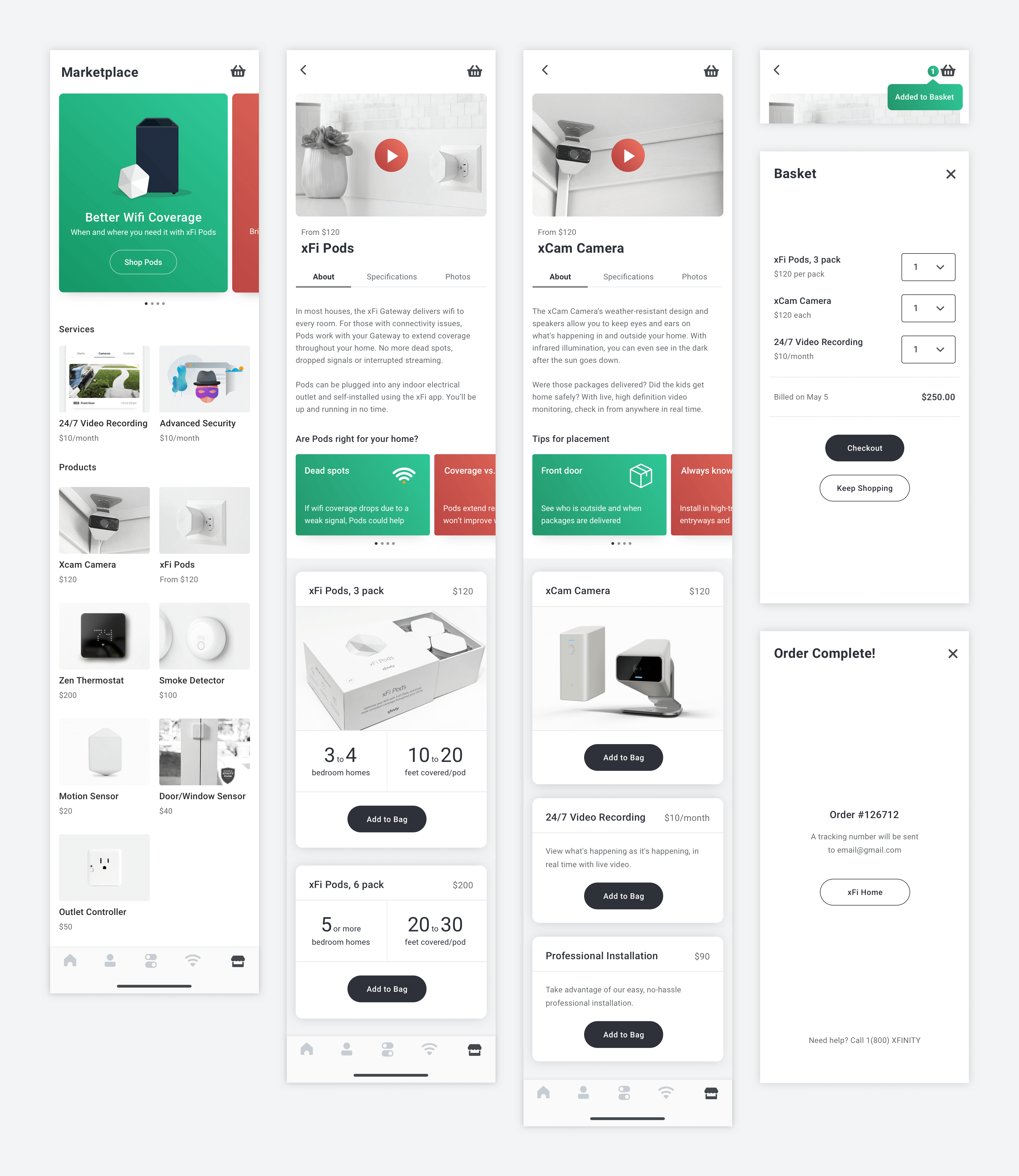 Screens from the xfi Marketplace, including product pages and a checkout flow