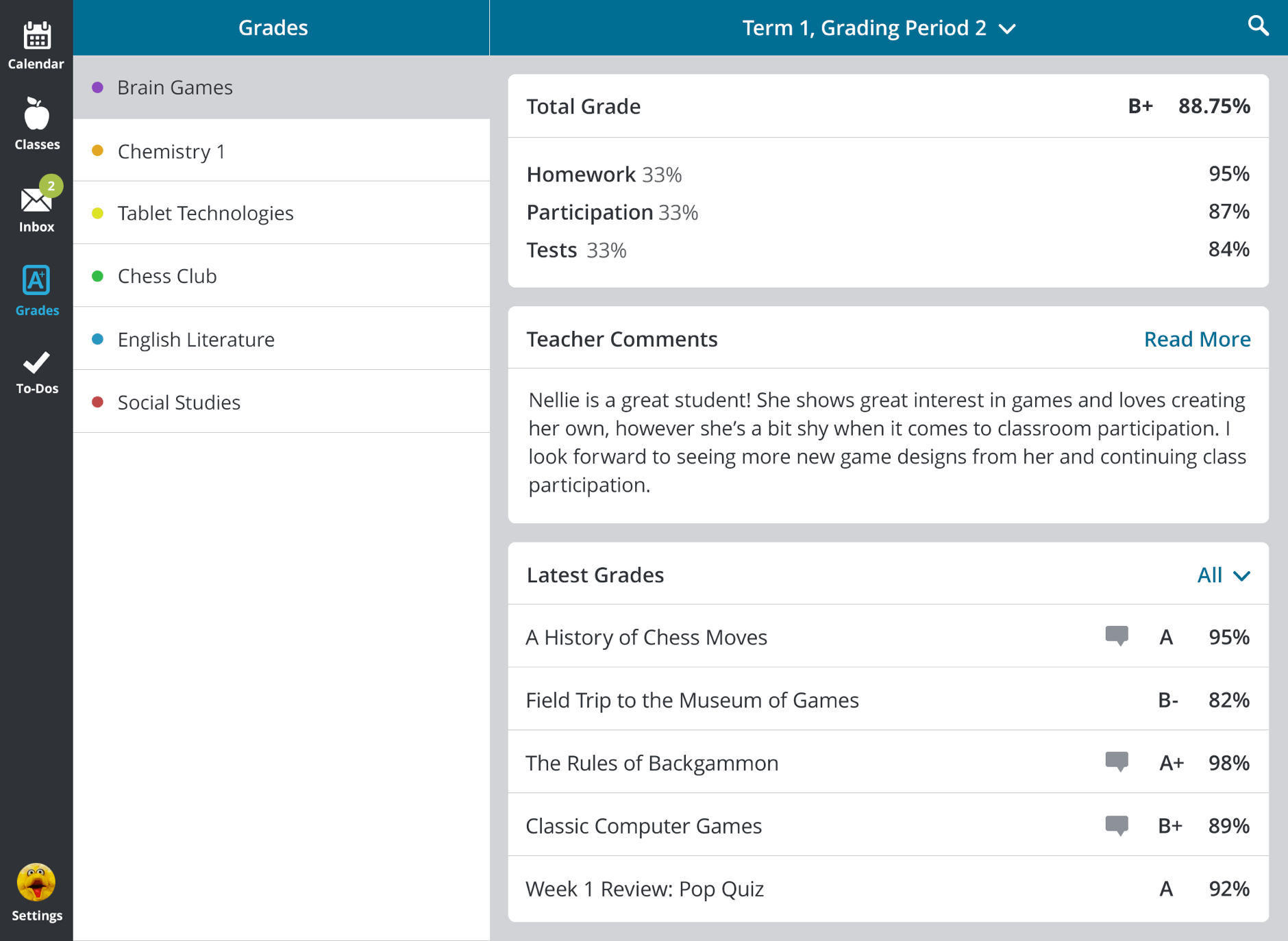 The Grades screen