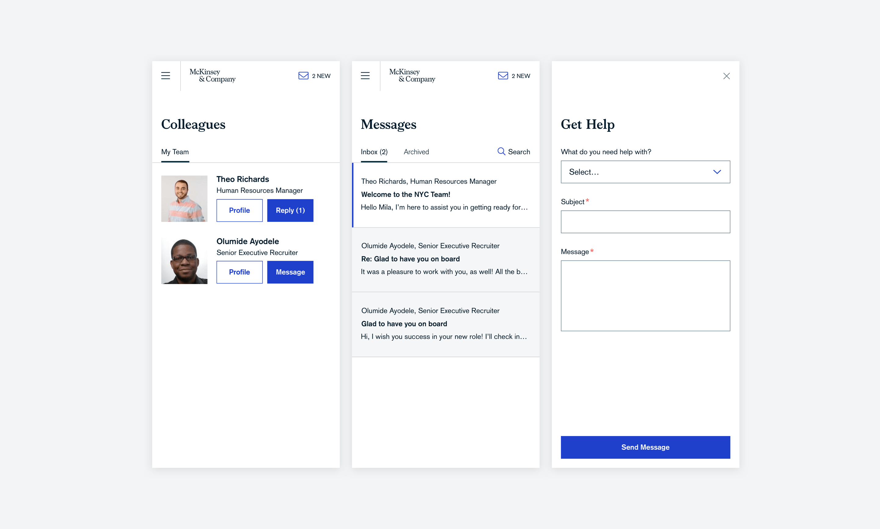 Screens shown: list of colleague profiles, options to message them, the messages inbox, and a form to get help
