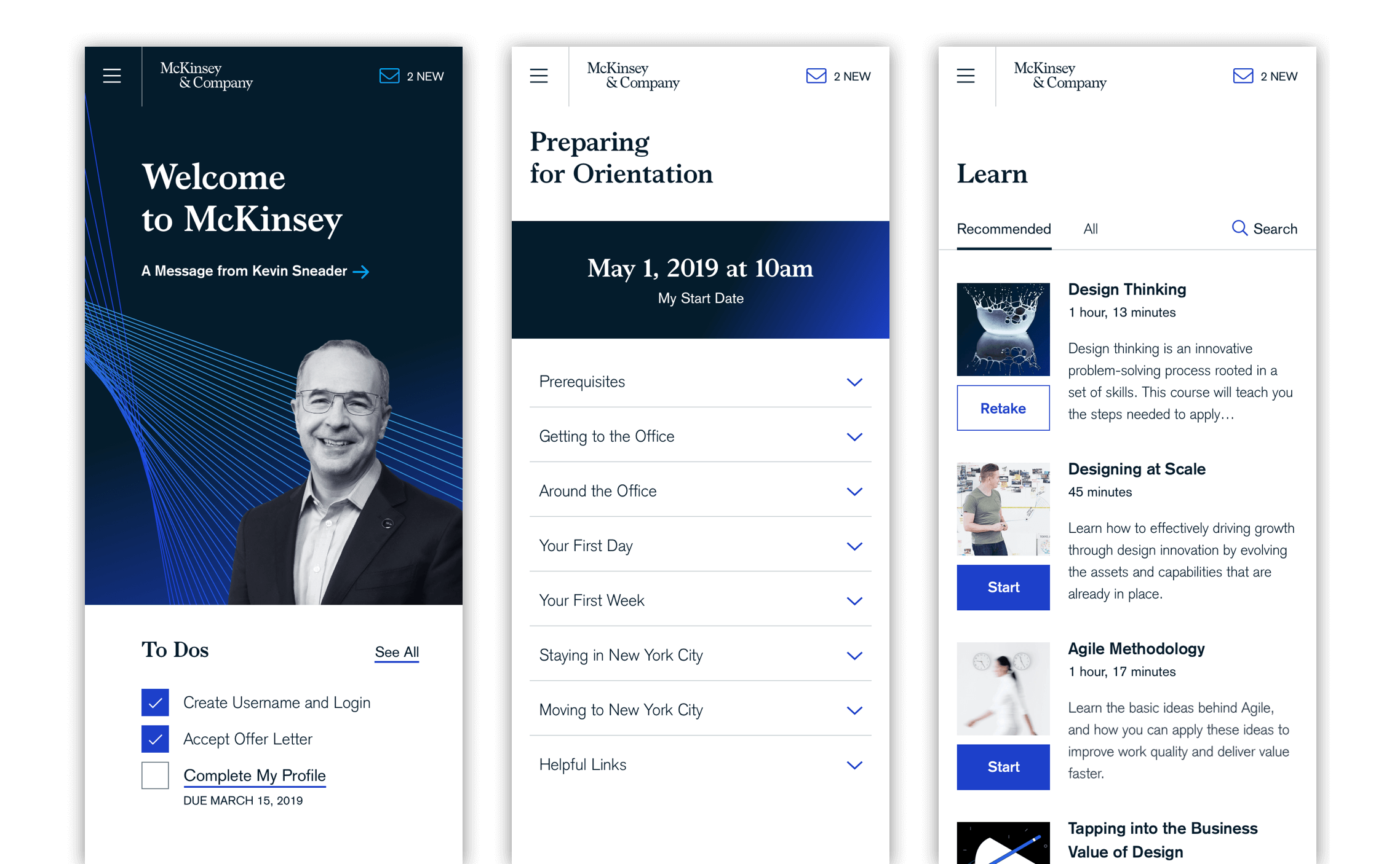 Screens from the McKinsey onboarding app: Home and To Dos list, Preparing for Orientation, and Learning courses