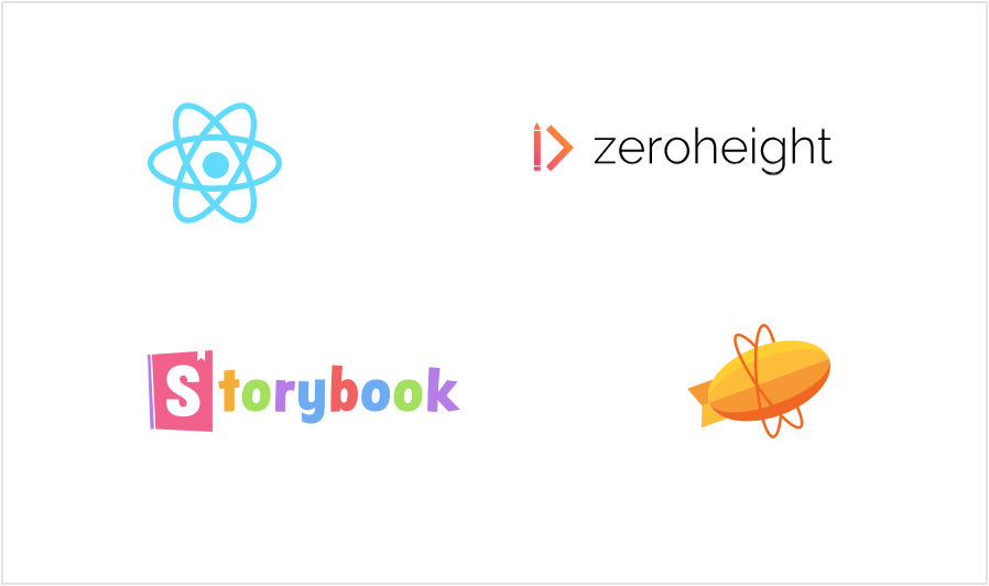 Logos for React, Zeroheight, Storybook and Zeplin