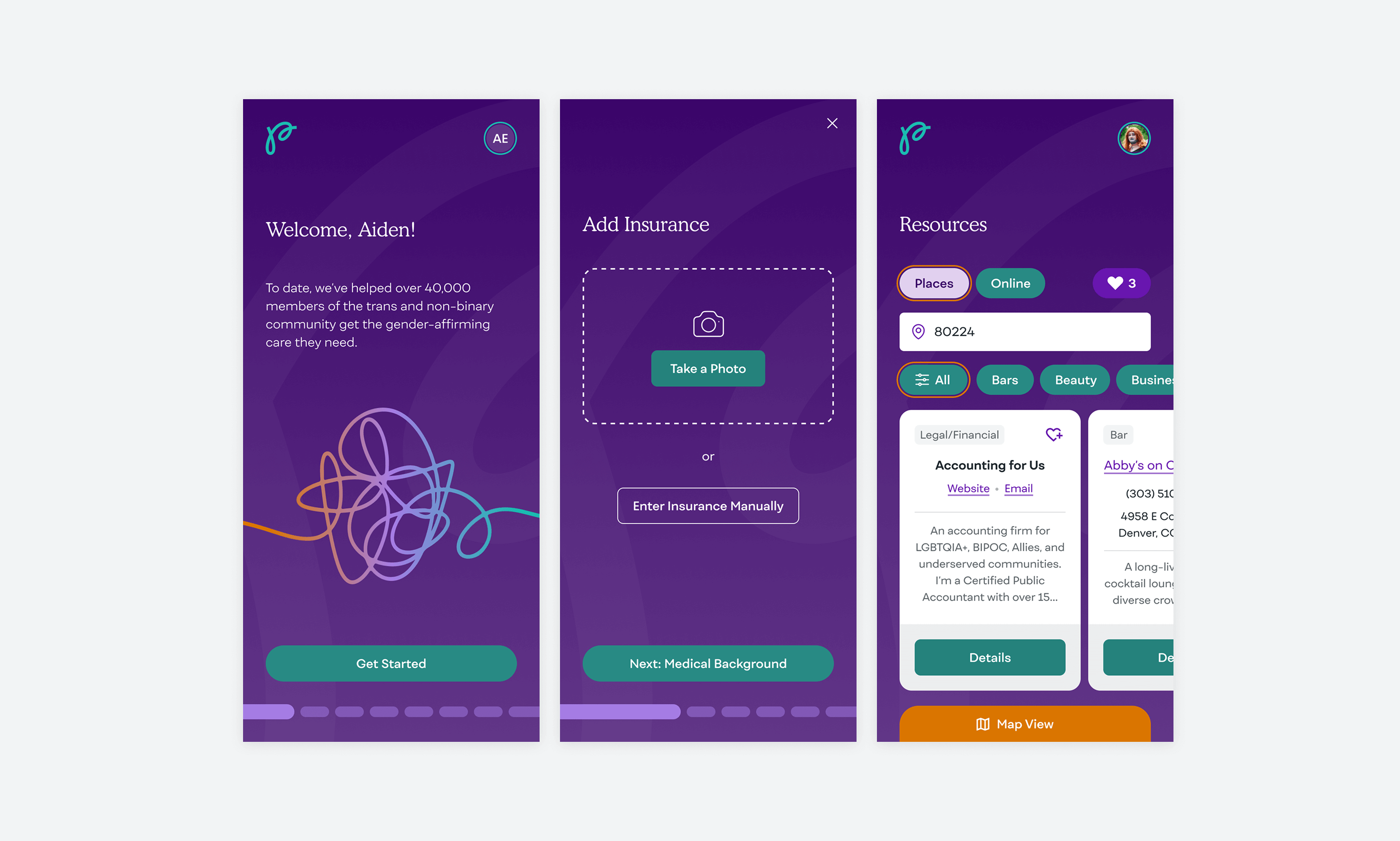 creens from the Plume mobile app: welcome, add insurance, resources