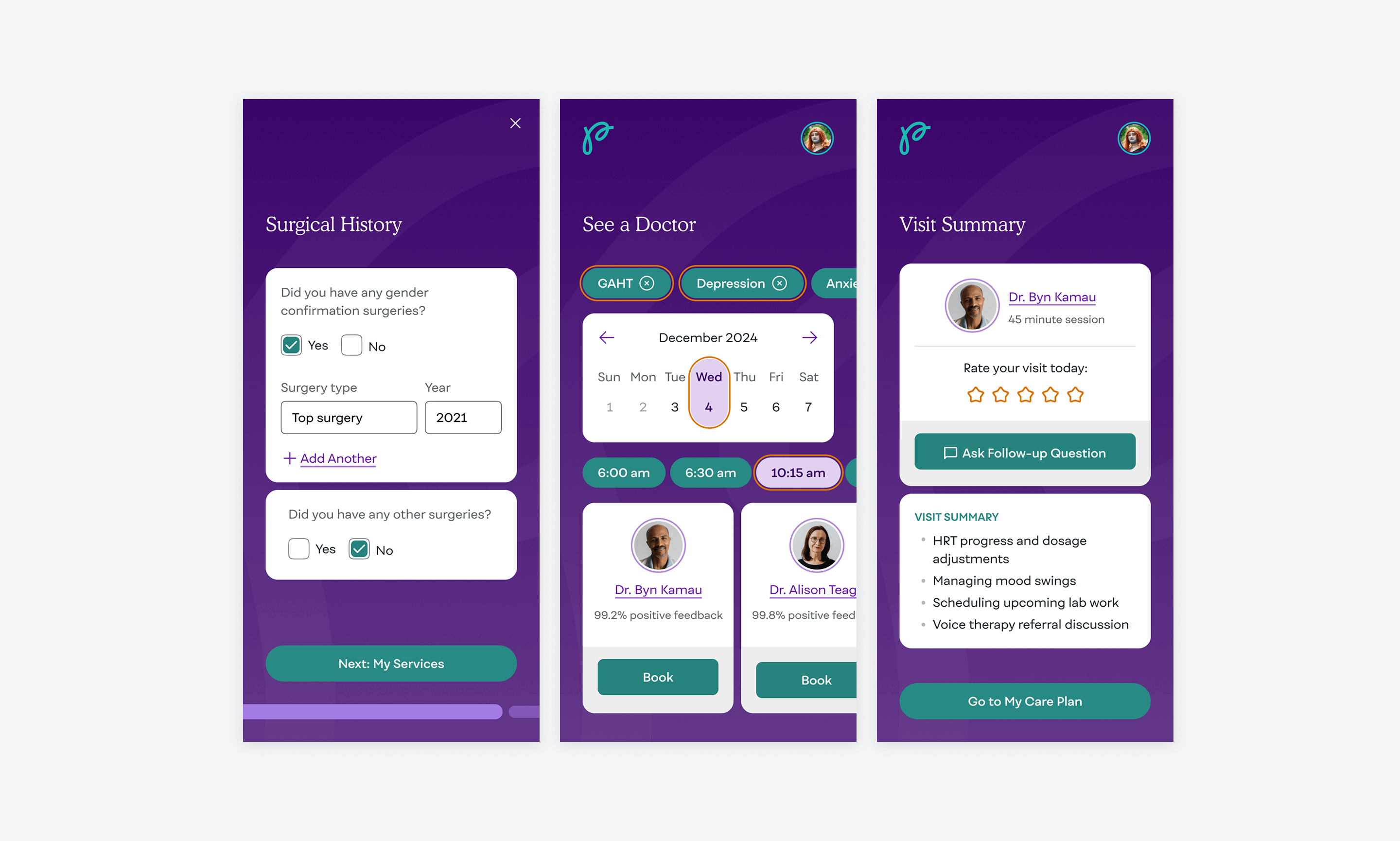 Screens from the Plume mobile app: surgical history, see a doctor, and visit summary