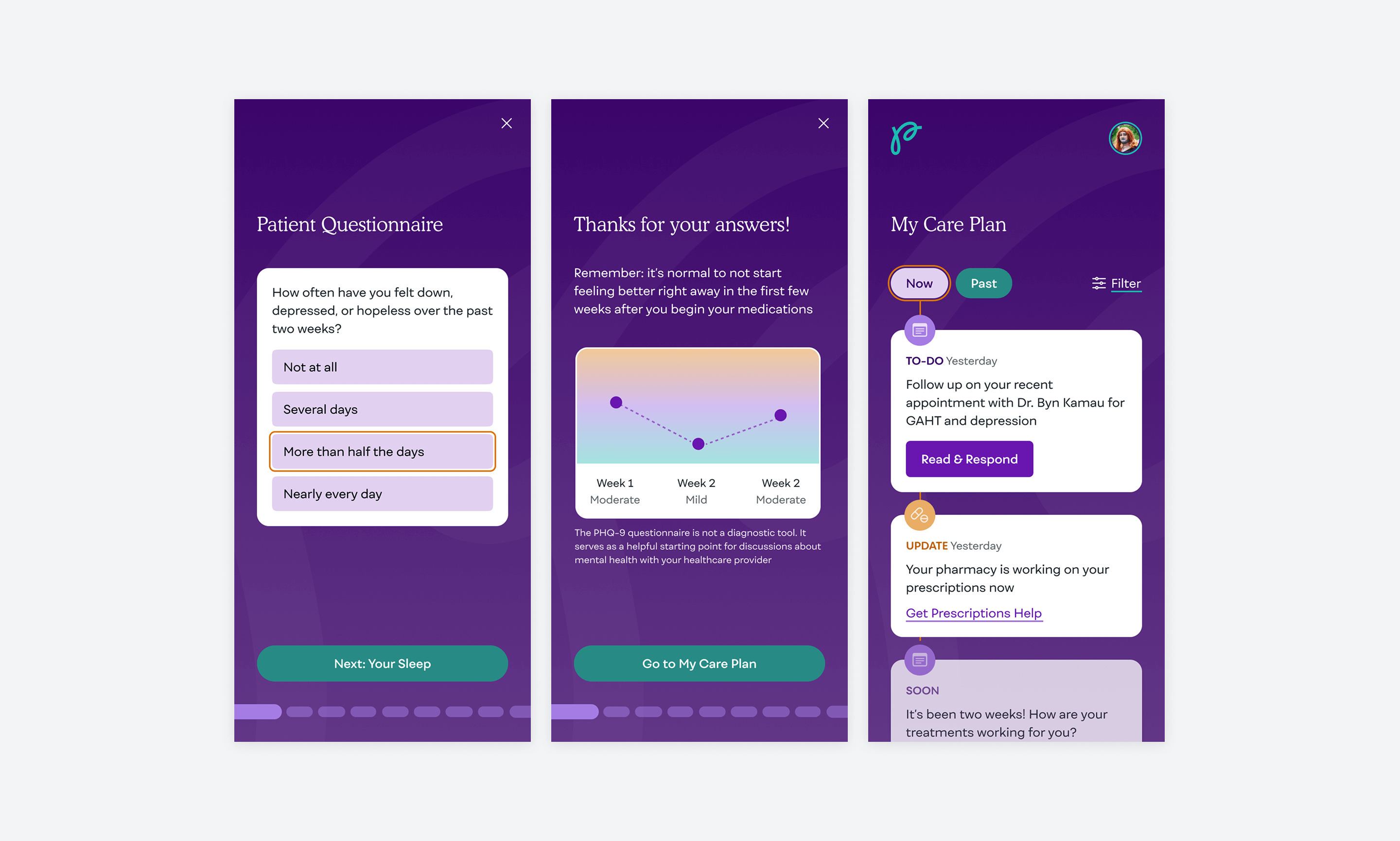 Screens from the Plume mobile app: patient questionnaire, thanks for your answers, and my care plan