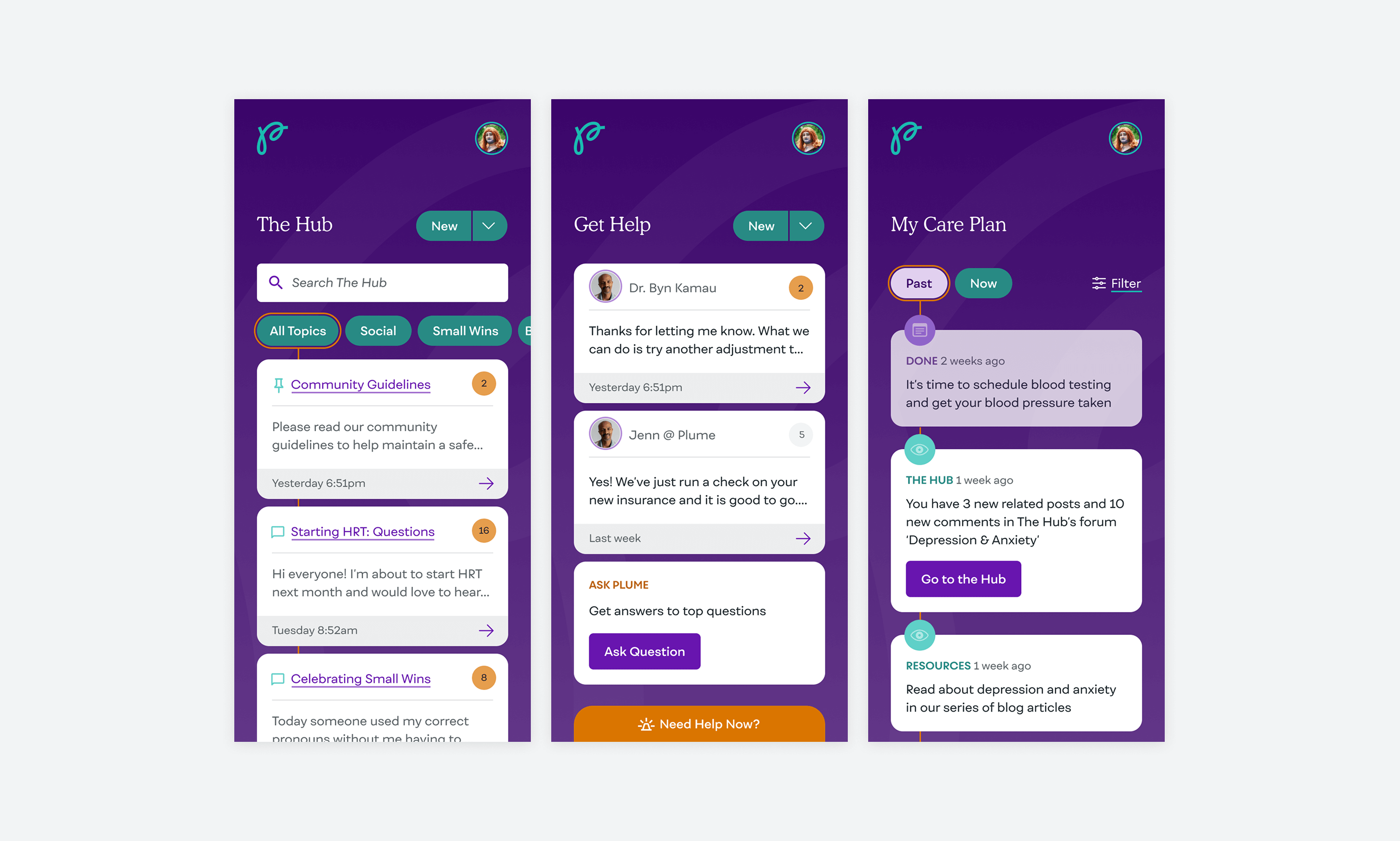 Screens from the Plume mobile app: The Hub, get help, and past entries in my care plan