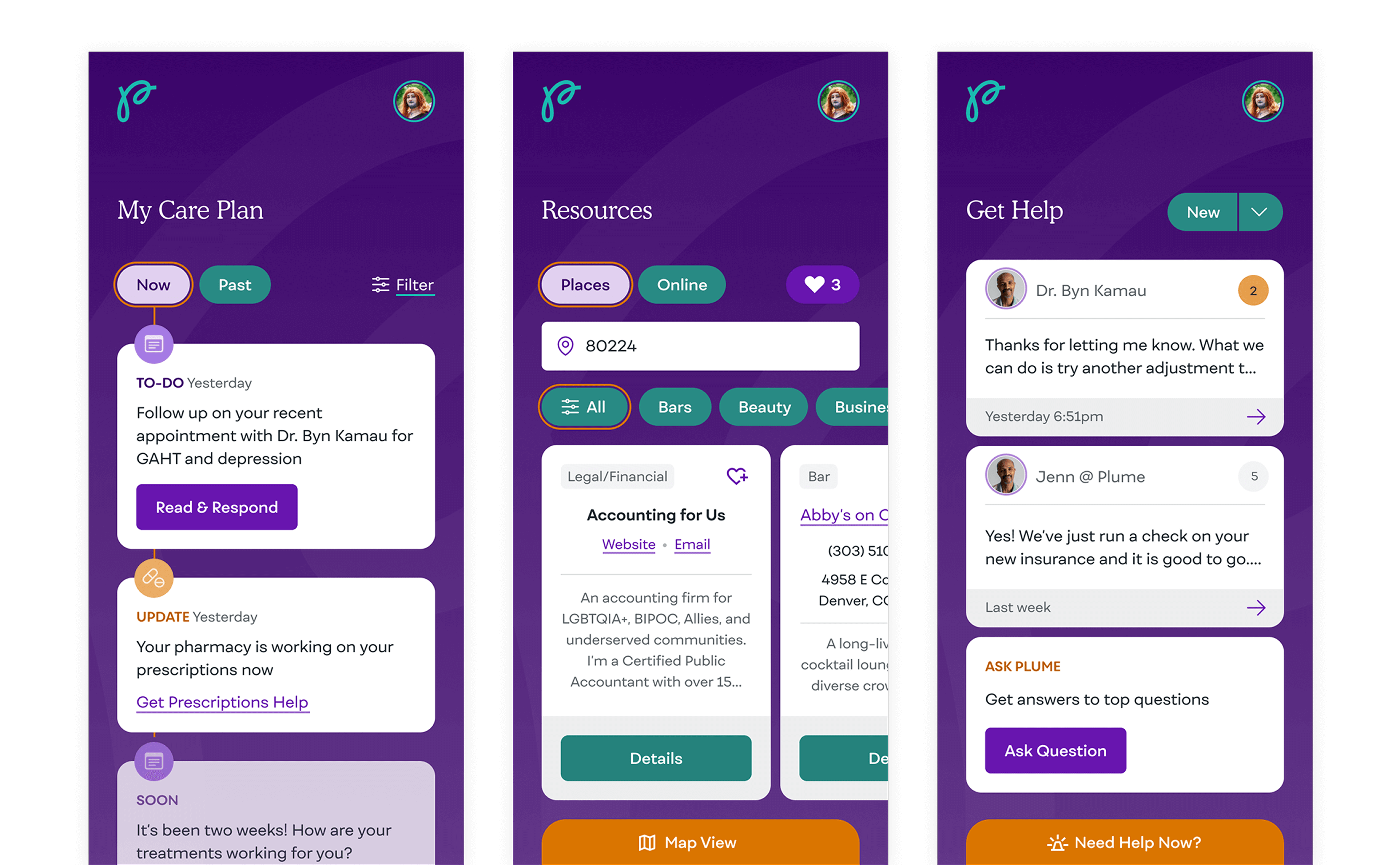 Screens from the Plume mobile app: a patient's care plan, resources, and options to get help